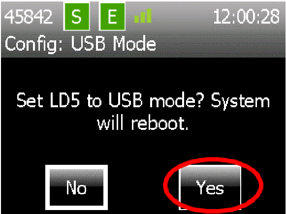 Select Yes and the unit will reboot into the USB Mode: